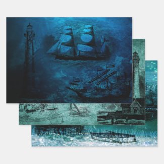 Vintage Lighthouses and Ships Wrapping Paper Sheets