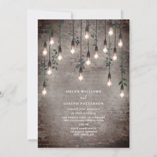Vintage Lights Industrial Brick Botanical Wedding Invitation