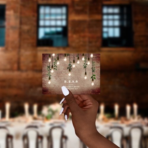 Vintage Lights Industrial Brick Botanical Wedding  RSVP Card