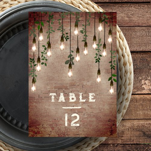 Vintage Lights Industrial Brick Botanical Wedding Table Number