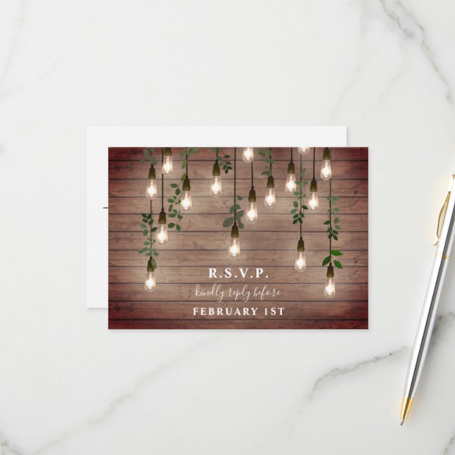 Vintage Lights Rustic Wood Botanical Wedding RSVP Card (Front/Back In Situ)