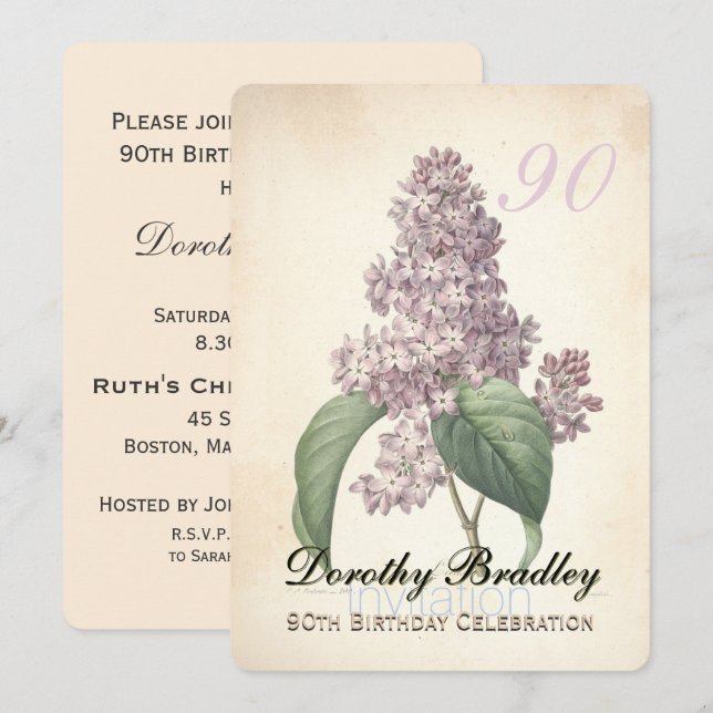 Vintage Lilac 90th Birthday Celebration Invitation (Front/Back)