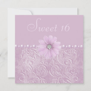 Vintage Lilac Bling Flowers & Pearls Sweet 16 Invitation