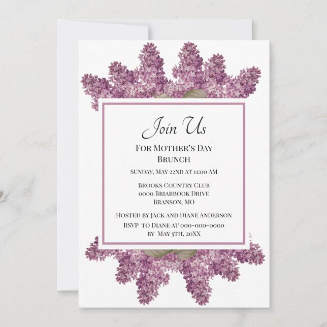 Vintage Lilac Botanical Mother's Day Brunch Invitation (Front)