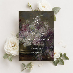 Vintage lilac floral fine art wedding invitation