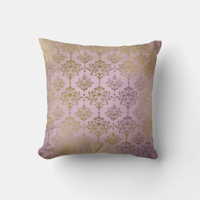 Vintage Lilac Gold Damask Pillow Purple (Front)