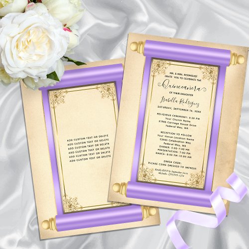 Vintage Lilac Gold Scroll Elegant Quinceaera Invitation