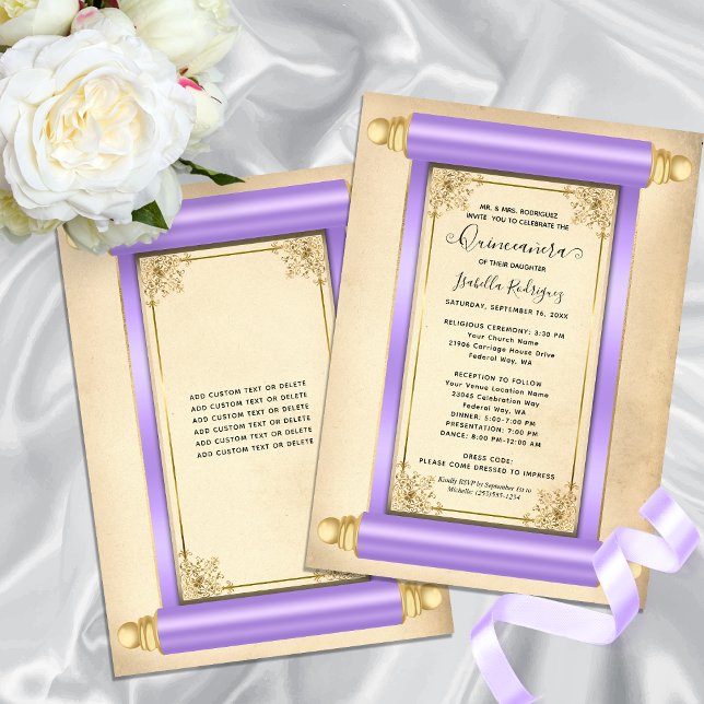 Vintage Lilac Gold Scroll Elegant Quinceañera Invitation (Vintage Lilac Gold Scroll Elegant Quinceañera Invitation)