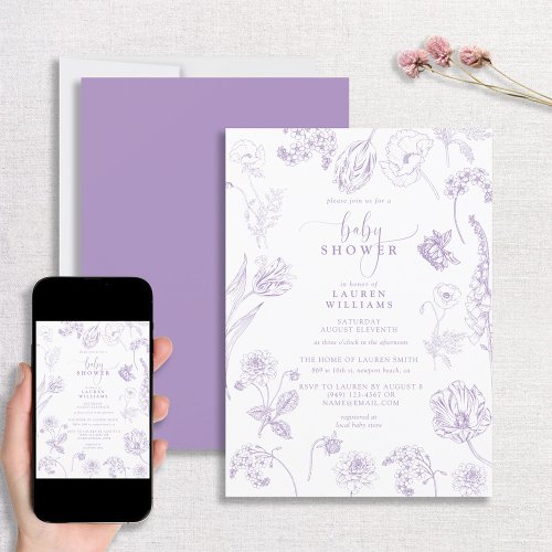 Vintage Lilac Lavender Floral Script Baby Shower Invitation