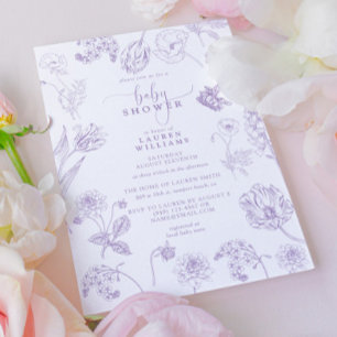 Vintage Lilac Lavender Floral Script Baby Shower Invitation