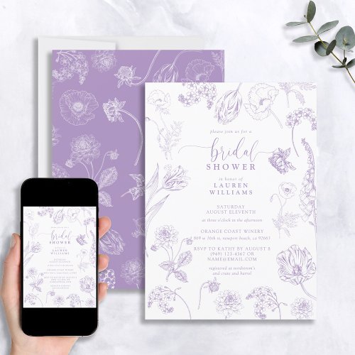 Vintage Lilac Lavender Floral Script Bridal Shower Invitation