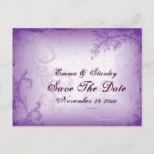 Vintage lilac purple scroll leaf Save the Date Announcement Postcard