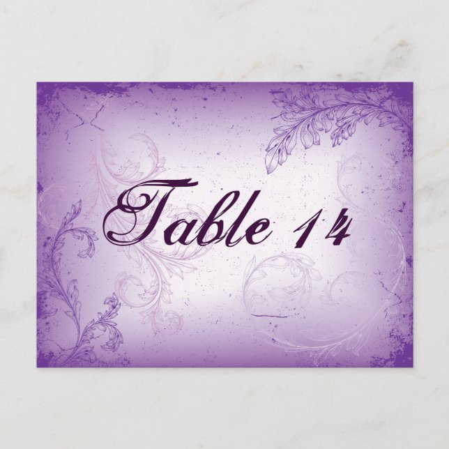Vintage lilac purple scroll leaf table number (Front)