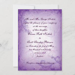 Vintage lilac purple scroll leaf wedding invite