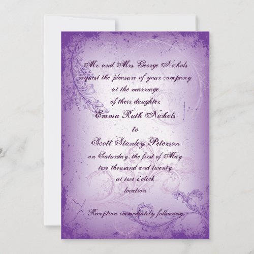 Vintage lilac purple scroll leaf wedding invite