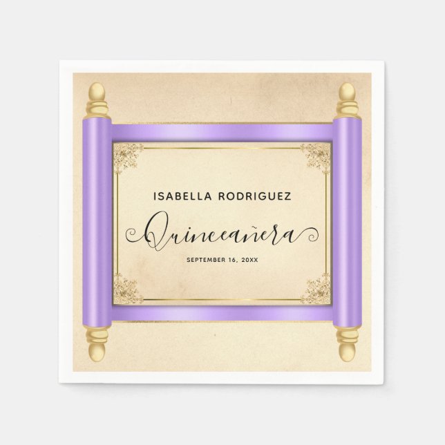 Vintage Lilac Scroll Quinceañera Napkins (Front)