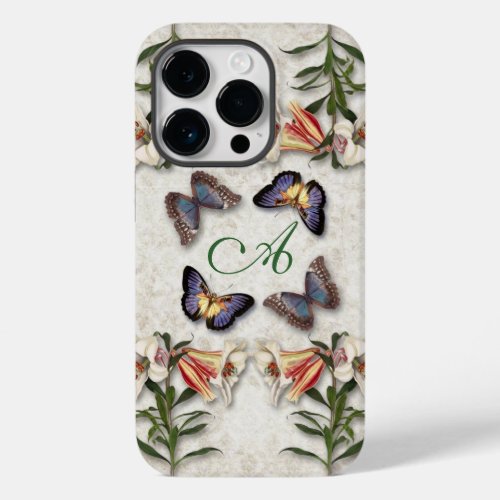 Vintage Lilies Butterflies  Monogram Case_Mate iPhone 14 Pro Case