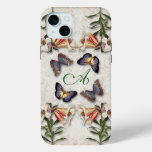 Vintage Lilies, Butterflies &amp; Monogram iPhone 15 Plus Case