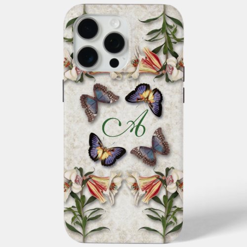 Vintage Lilies Butterflies  Monogram iPhone 15 Pro Max Case