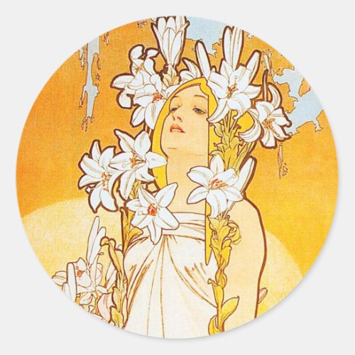 Vintage Lily by Alphonse Mucha Classic Round Sticker