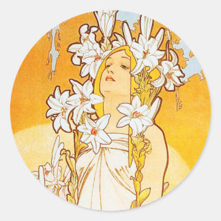 Vintage Lily by Alphonse Mucha Classic Round Sticker