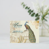 Vintage lily floral peacock wedding save the date announcement postcard (Standing Front)