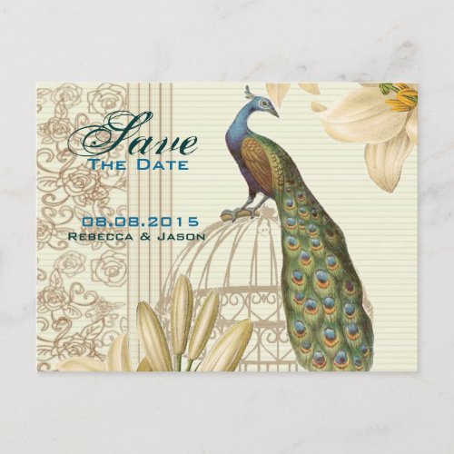 Vintage lily floral peacock wedding save the date announcement postcard