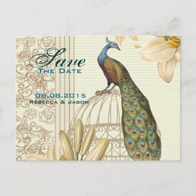 Vintage lily floral peacock wedding save the date announcement postcard (Front)