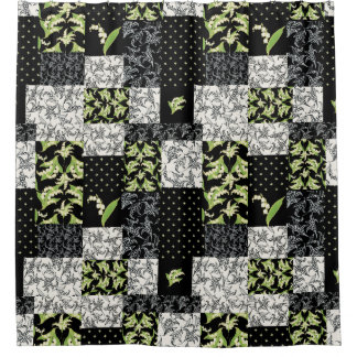 Vintage Lily-of-the-Valley Faux Patchwork Black Shower Curtain