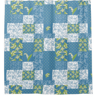 Vintage Lily-of-the-Valley Faux Patchwork Blue Shower Curtain
