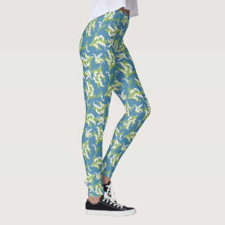 Vintage Lily-of-the-Valley Floral Pattern on Blue Leggings