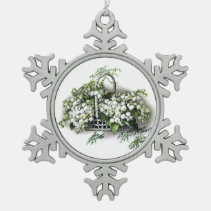Vintage Lily of the Valley Flower Basket Snowflake Pewter Christmas Ornament