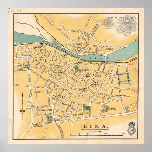 Vintage Lima Peru Map 1910 Poster