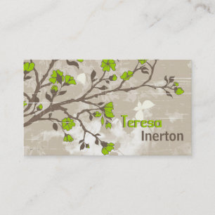 Vintage lime green flowers floral grunge taupe business card
