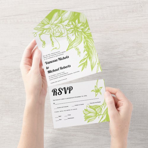 Vintage lime green line art flowers wedding all in one invitation