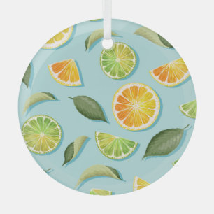 Vintage Lime Lemon Blue Pattern Glass Ornament