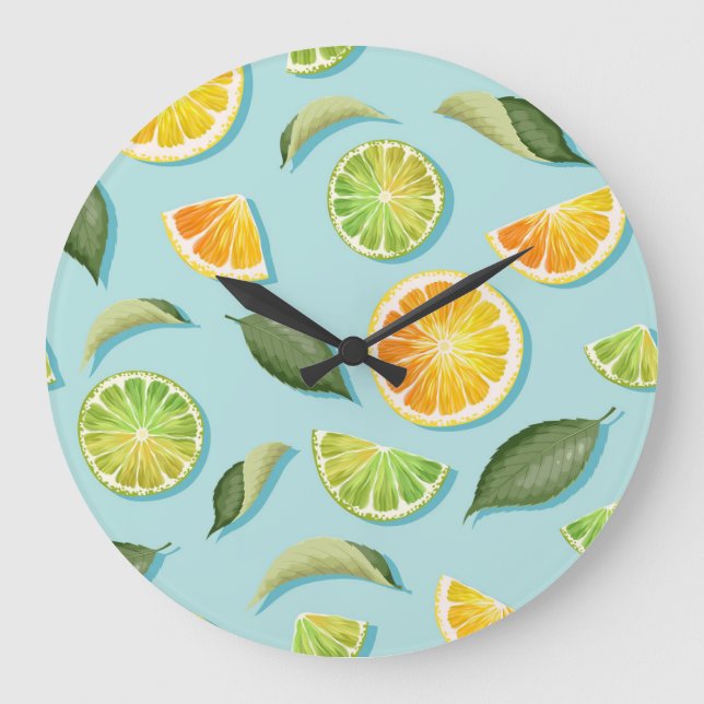 Vintage Lime Lemon Blue Pattern Large Clock (Front)