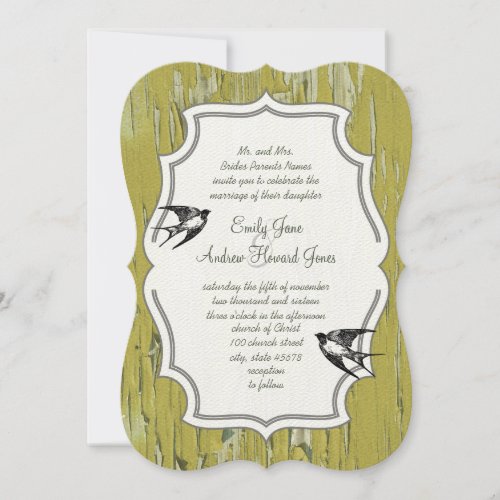 Vintage Lime Old Wood Love Bird Wedding Invitation