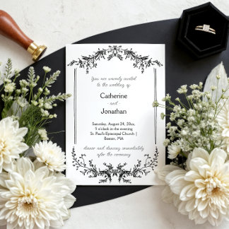Vintage Line Drawn Floral Black & White Wedding | Invitation