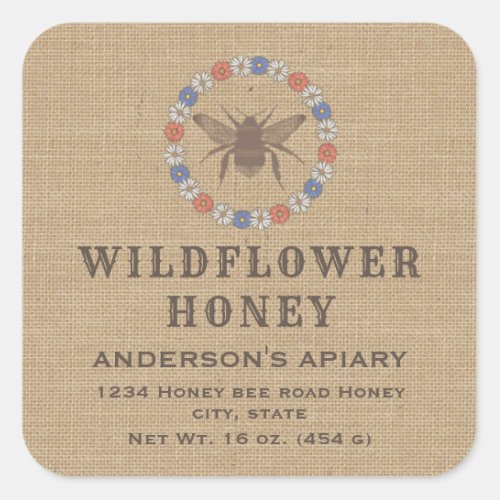 Vintage linen floral rustic  bee honey jar label
