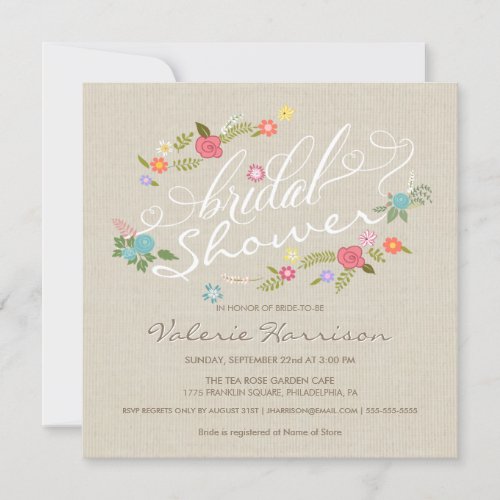 Vintage Linen Floral Wreath Bridal Shower Invites