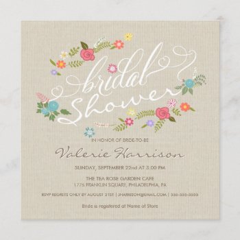 Vintage Linen Floral Wreath Bridal Shower Invites by weddingtrendy at Zazzle