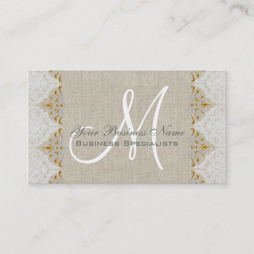 Customizable Vintage Linen Lace Gold Monogram Logo Business Cards