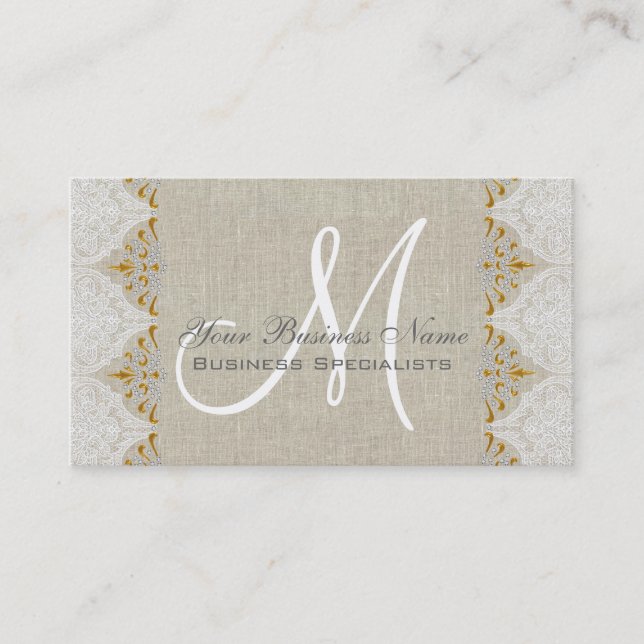 Vintage Linen Lace Gold Monogram Logo Business Card (Front)
