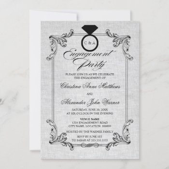Vintage Linen Look And Ornament Engagement Party Invitation by SocialiteDesigns at Zazzle
