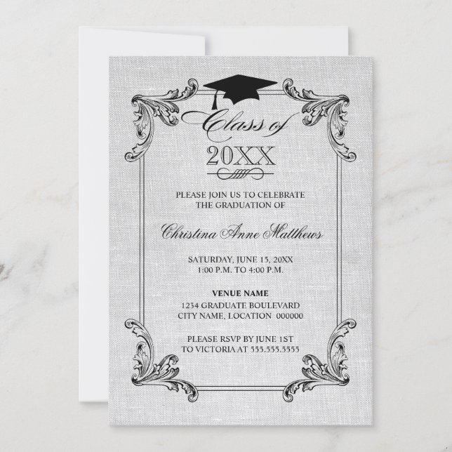 Vintage Linen Look and Ornament Graduation Invitation (Front)