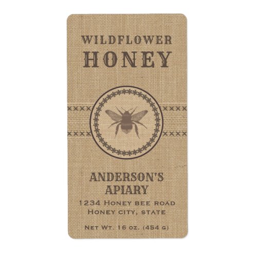 Vintage linen rustic  bee honey jar label