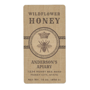 Vintage linen rustic queen bee honey jar label