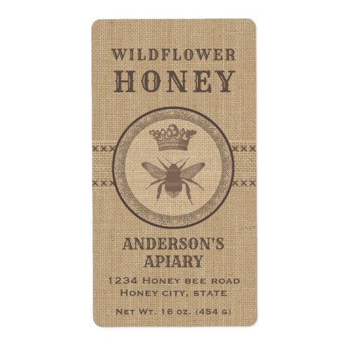 Vintage linen rustic queen bee honey jar label