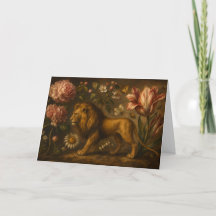 Vintage Lion and Botanical Garden Oil Painting